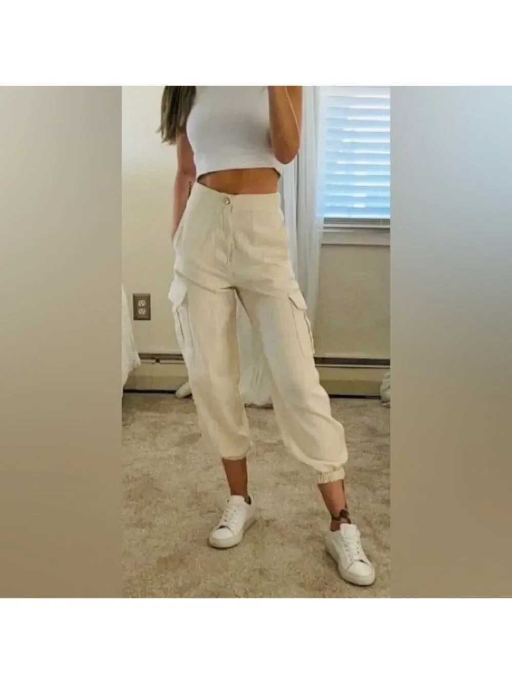 Zara Linen Cargo Jogger Pants In Cream Size 6